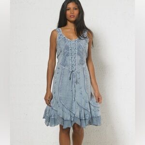 Coline S Viscose embroidered bucket dress Argent Silver Blue Stone Washed Corset